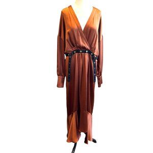 BCBG MaxAzria Copper Long Sleeve Belted V-Neck Dress